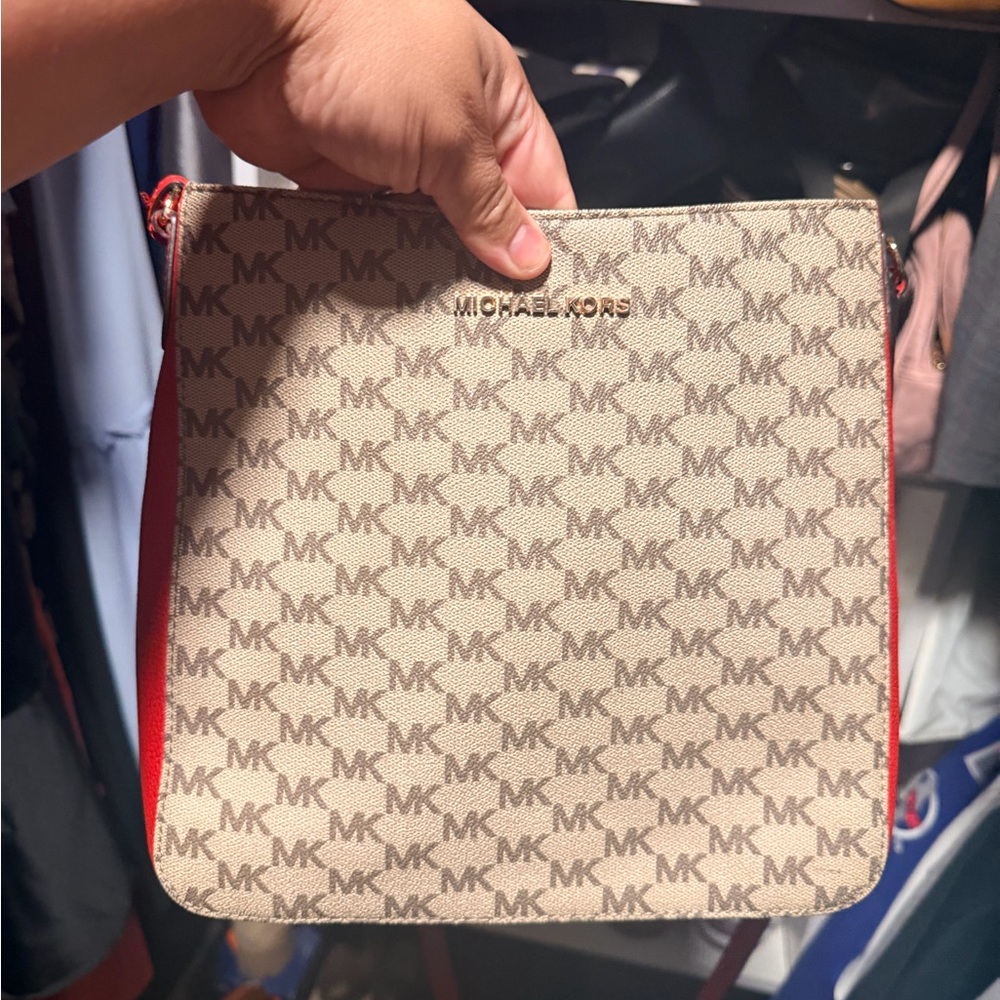 Michael Kors Beige Monogram Crossbody with Red Sides